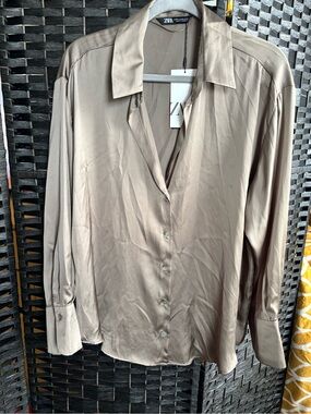 Zara Satin Button-Down Blouse in Taupe